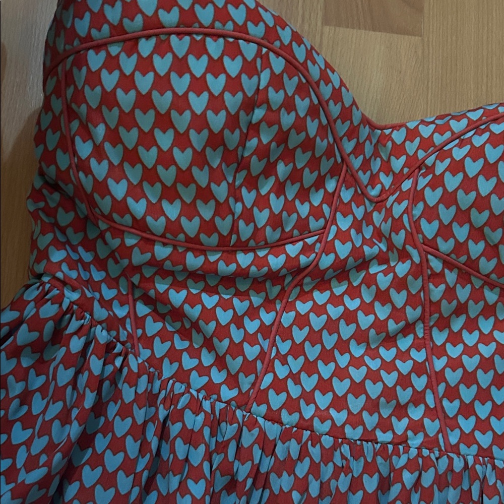 Minuet Petite Strapless Red and Light Blue Heart Print Dress - Picture 3 of 5
